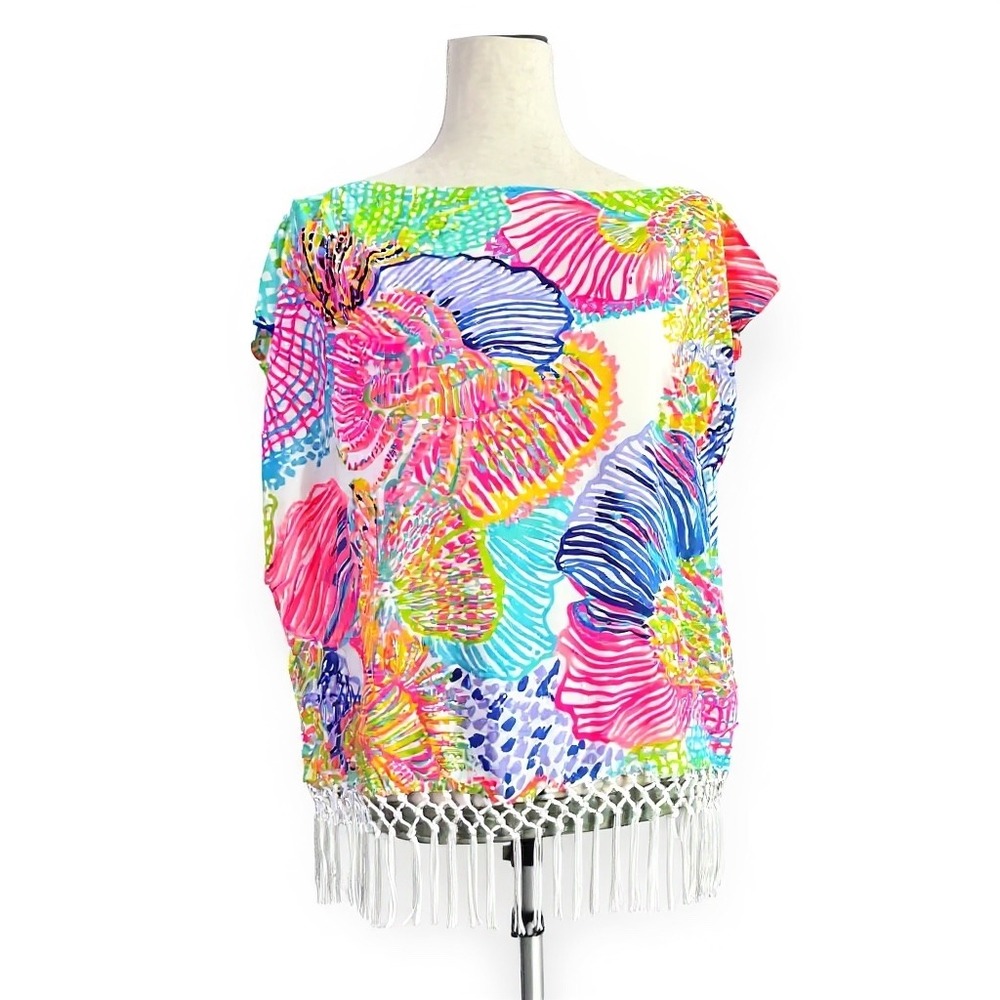 Lilly Pulitzer Top XS/S Multicolor Seashell Print Cotton Crochet Fringe Y2K Boxy